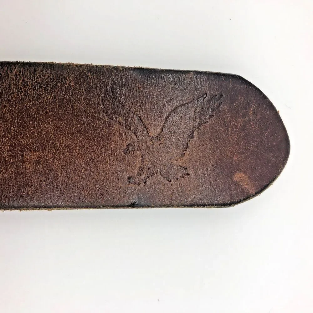 American Eagle Outfitters Mens Leather Belt Spell Out Logo Brown Wide Y2K VTG